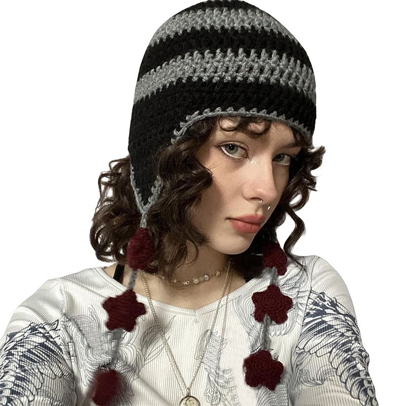 YILEEGOO Warm Knit Hats with Ear Flaps Star Beanies for Women Winter Grunge Crochet Skull Caps