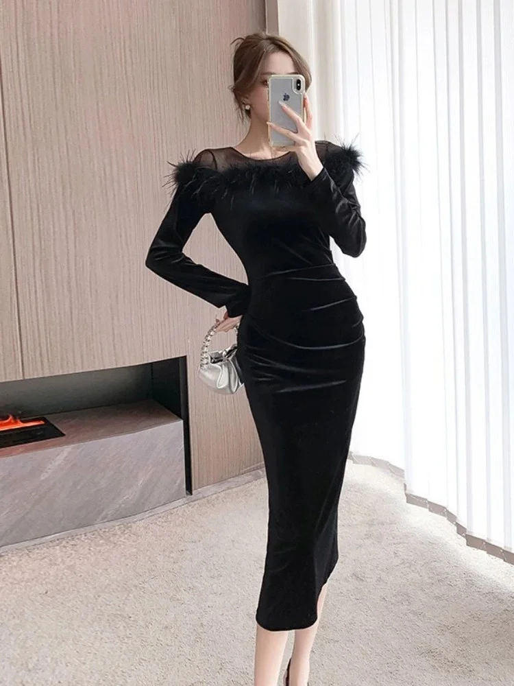 Luxury Feather Velvet Dress for Women Splicing Velour Long Sleeved Sheath Black Dresses 2024 Autumn Winter Bodycon Sexy Dress