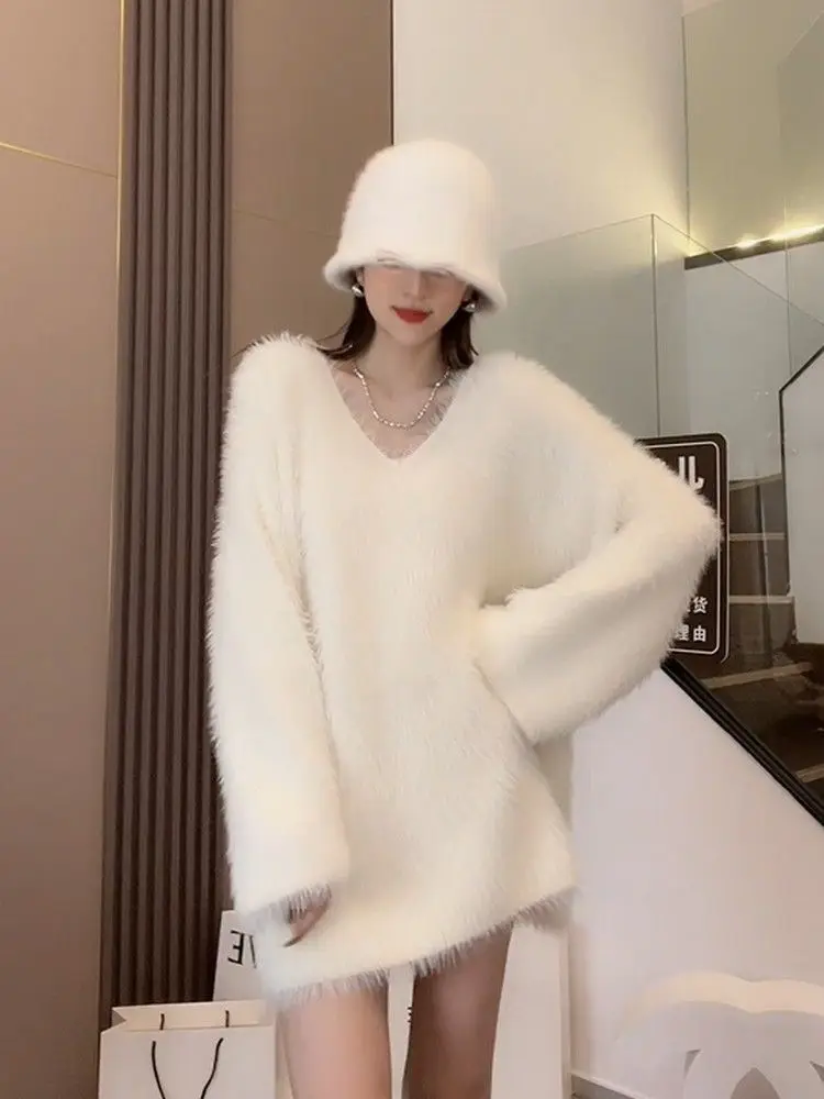 

Sweater V-neck Sweater Imitation Mink Fur Sweater Autumn/winter 2025 Women's Clothing Lazy High-end Medium To Long Length Long