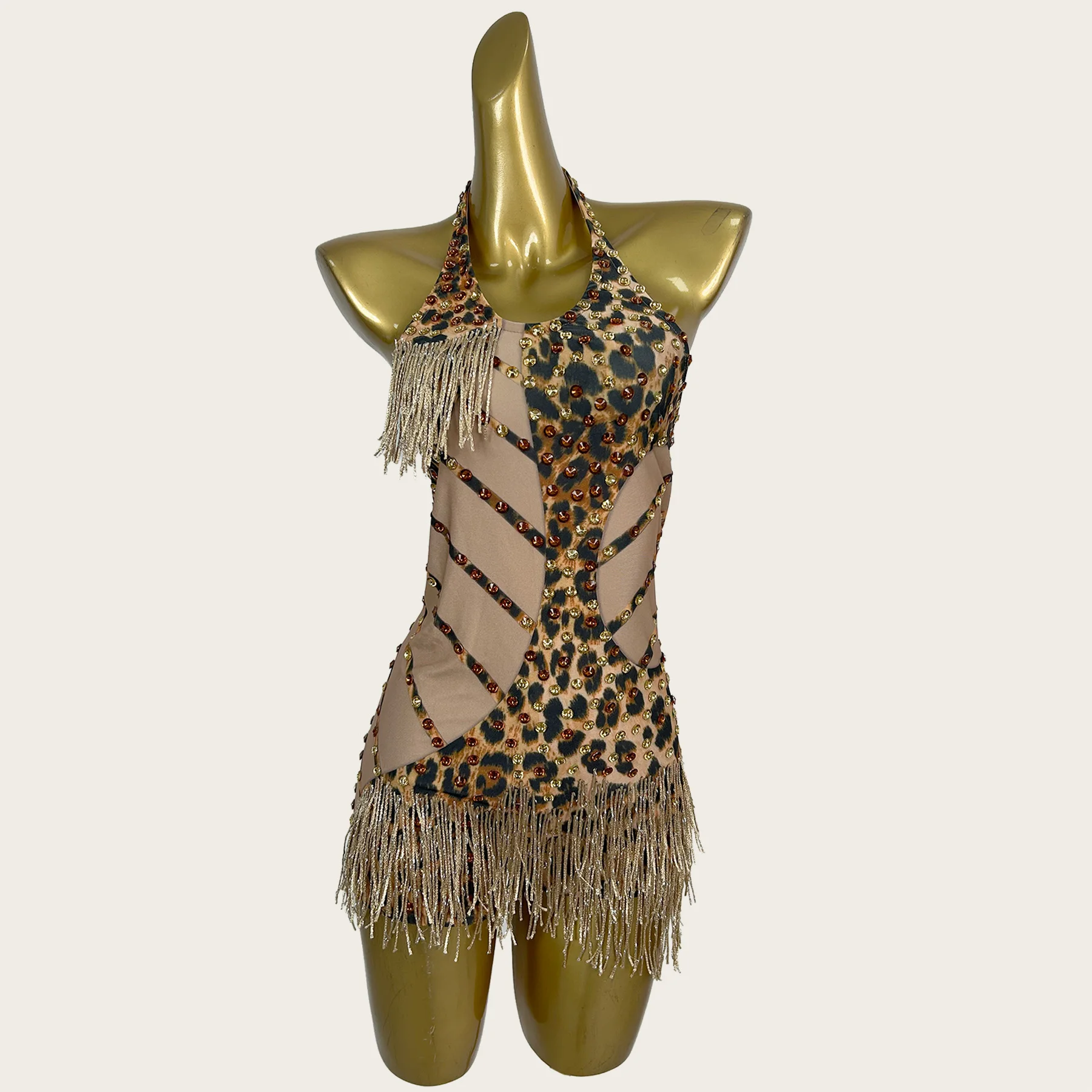 Leopard Print Sparkly Crystals Tassel Bodysuit Sexy Jazz Dance Costume One-piece Club Stage Dance Performance Show Wear Liusubao