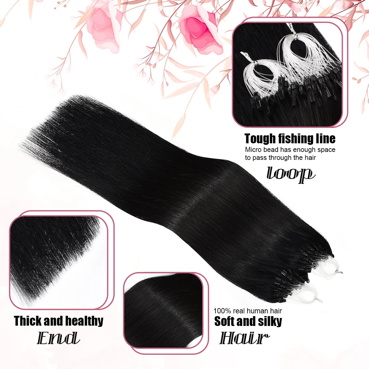 Senmy Micro Link Hair Extension Real Hair Jet Black Human Hair Extensions #1 Micro Loop Hair Extensions 50g Micro Beads Hair