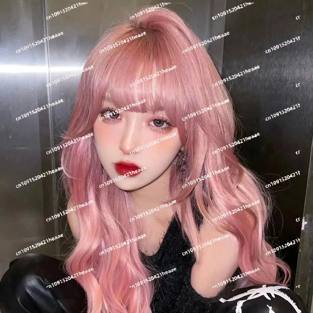 

Suitable for wig long hair air bangs full hood big wave natural fluffy pink long curly hair