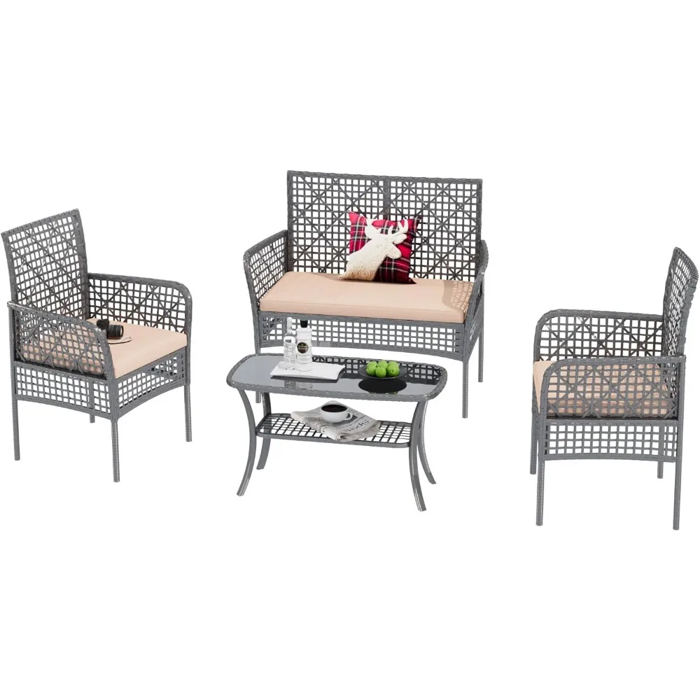 

4-Piece Patio Furniture Set, Weather-Resistant Rattan Patio Conversation Set with Two-Tier Coffee Table, Upholstered Openwork Wi