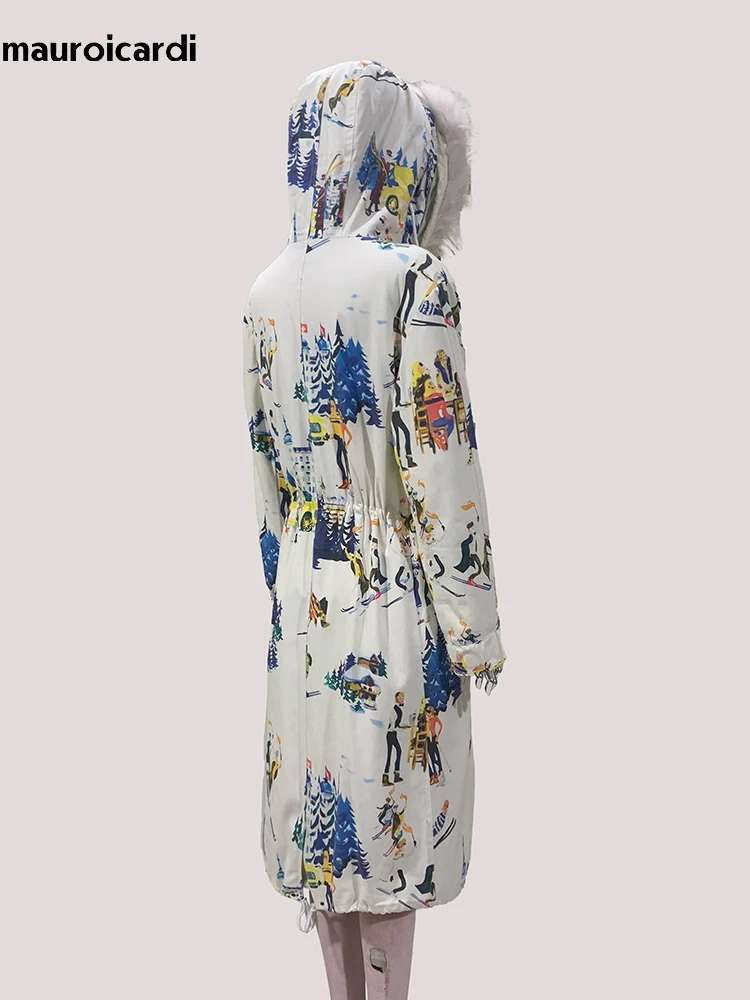 

Mauroicardi Winter Long Colorful Waterproof Thickened Warm Parka Coat with Faux Fur Inside with Hood Zipper Drawstring Waist