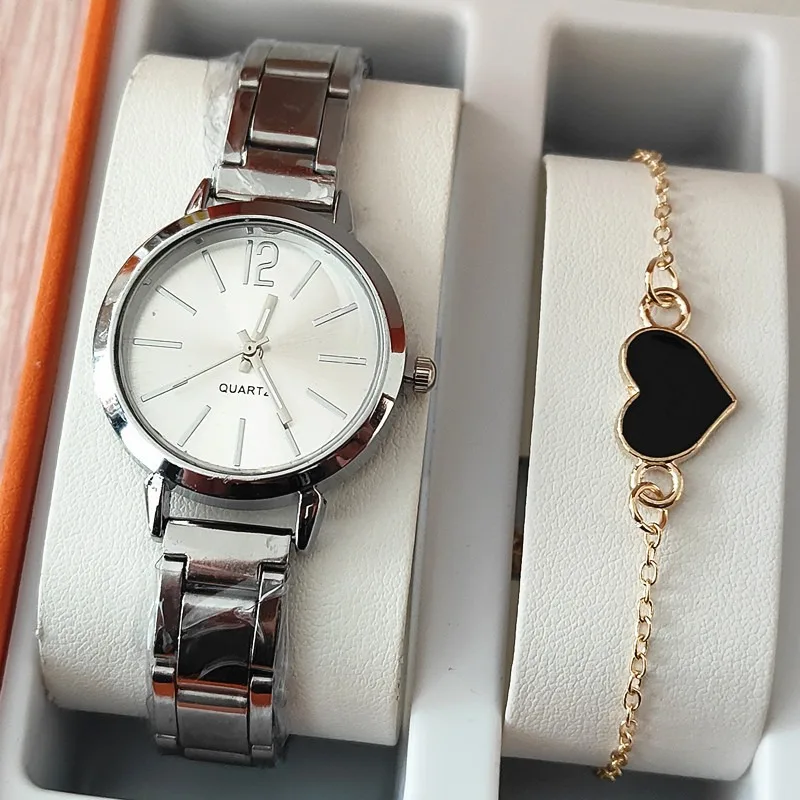 2pcs Business Fashion Womens Watch Elegant Golden Quartz Wristwatch Heart Charm Bracelet Set Montre Femme Relojes Para Damas