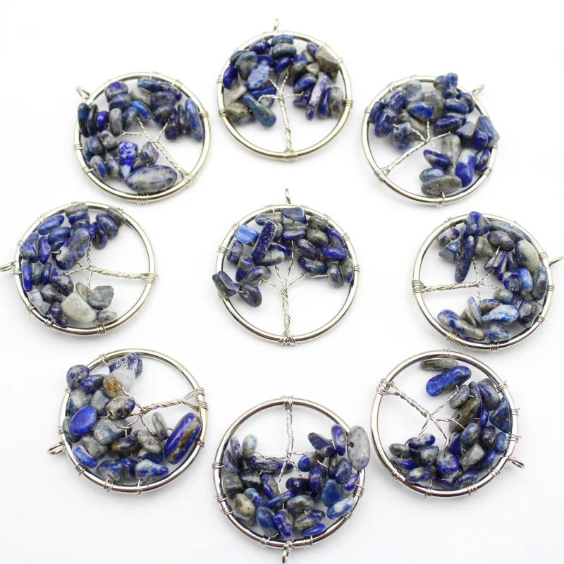 30mm Natural Stone Wire Wrapped Chakra Reiki Healing Tree of Life Lapis Lazuli Agates Pendant for Necklace Jewelry Making 10pcs