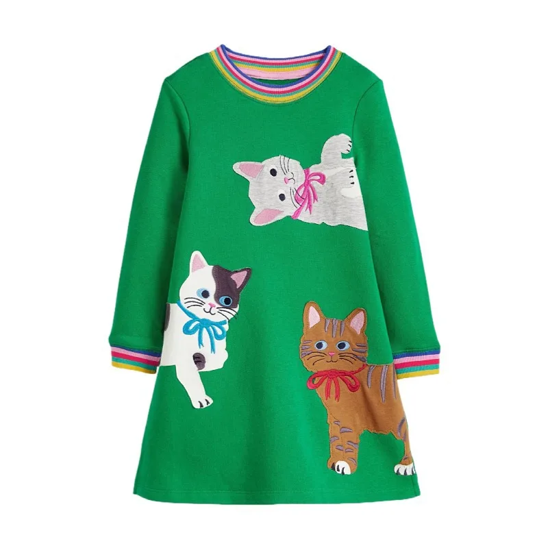 

Jumping Meters Long Sleeve Children's Dresses Animals Cats Embroidery Autumn Party Girls Frocks Cotton Clothing Toddler Costume