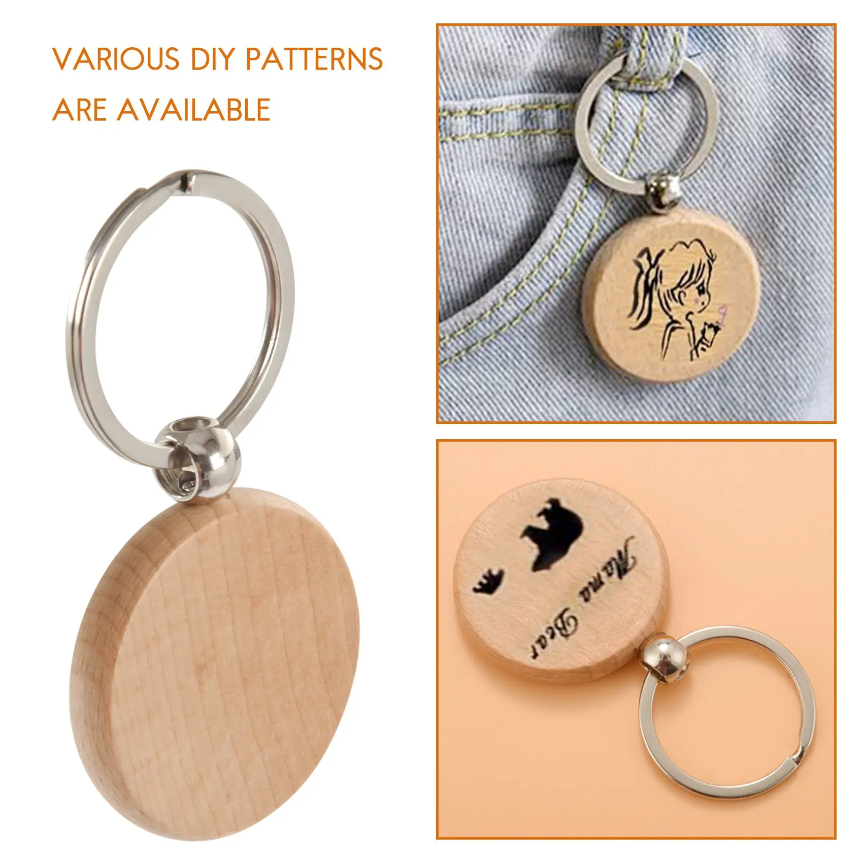 AT21-20 Pcs Blank Wood Wooden Keychain Diy Custom Wood Key Chains Key Tags Anti Lost Wood Accessories Gifts (Mixed Design)