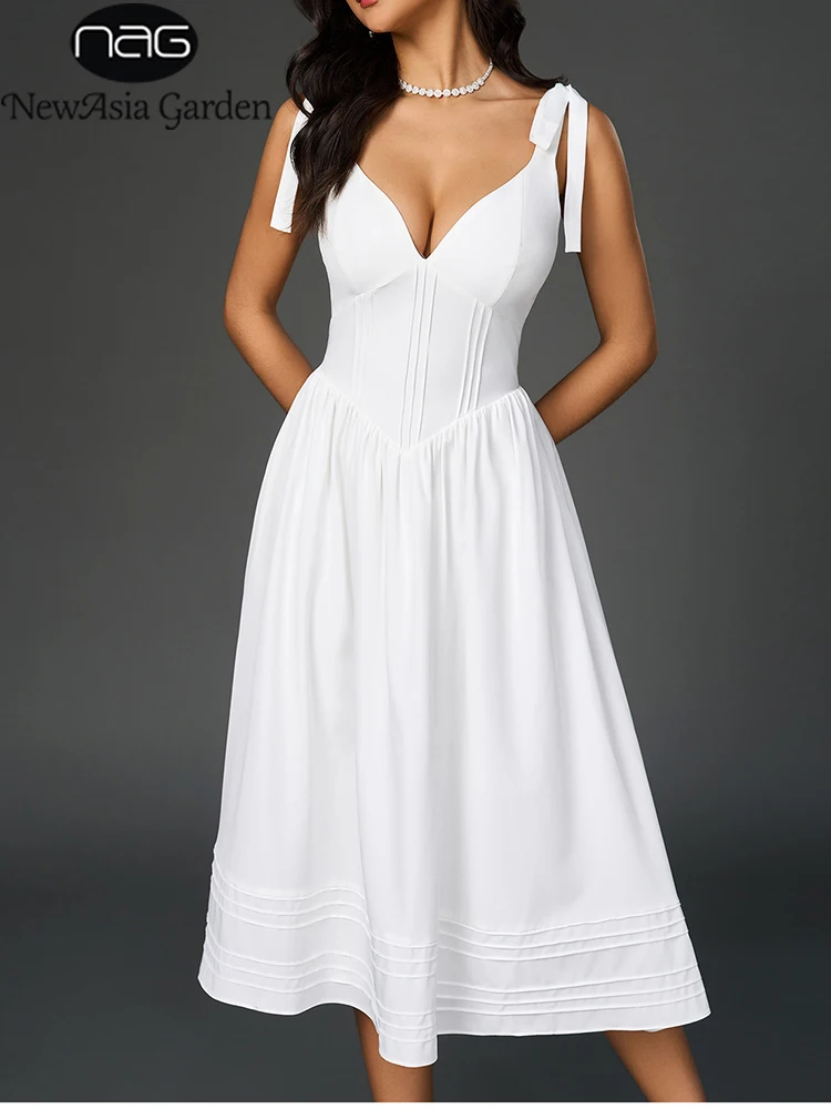 

NewAsia Women's Summer Sexy V-Neck Backless Shirring Dress Elegant A-Line Midi Gown Bow Strap Vacation Beachwear Solid Color