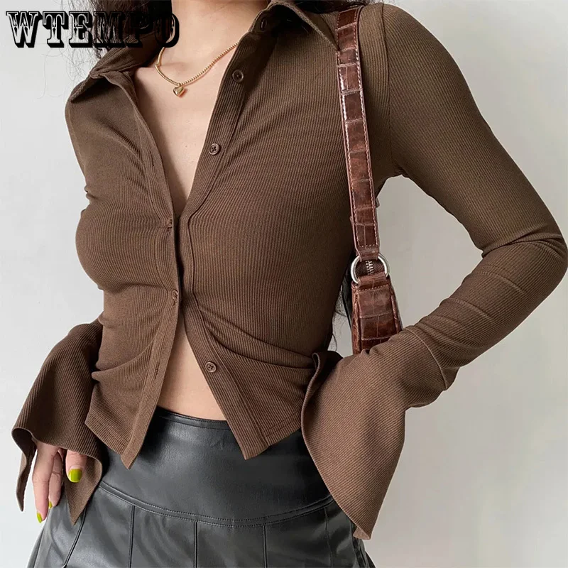 Flared-sleeve Shirt Polo Collar Lapel Five-color All-match Women\'s Slim Stretch Long-sleeved Top  Women Shirts Blouses