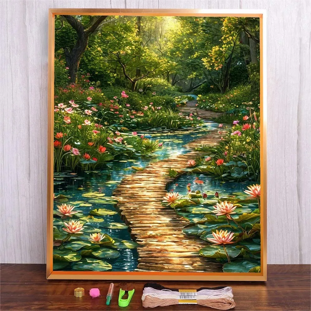 

Diy Cross Stitch Kit Gift 14/11CT Handmade Embroidery Set DIY Home Decoration Cotton Thread Embroidery Kit Lotus Pond Landscape