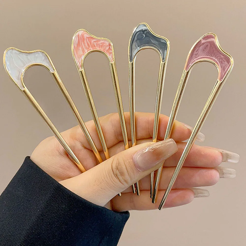 الأزياء الفاخرة مقاطع الشعر الفضة الذهب إكسسوارات الشعر أنيقة المينا دبوس الشعر للنساء المعادن U شكل الشعر عصا سبيكة حلية