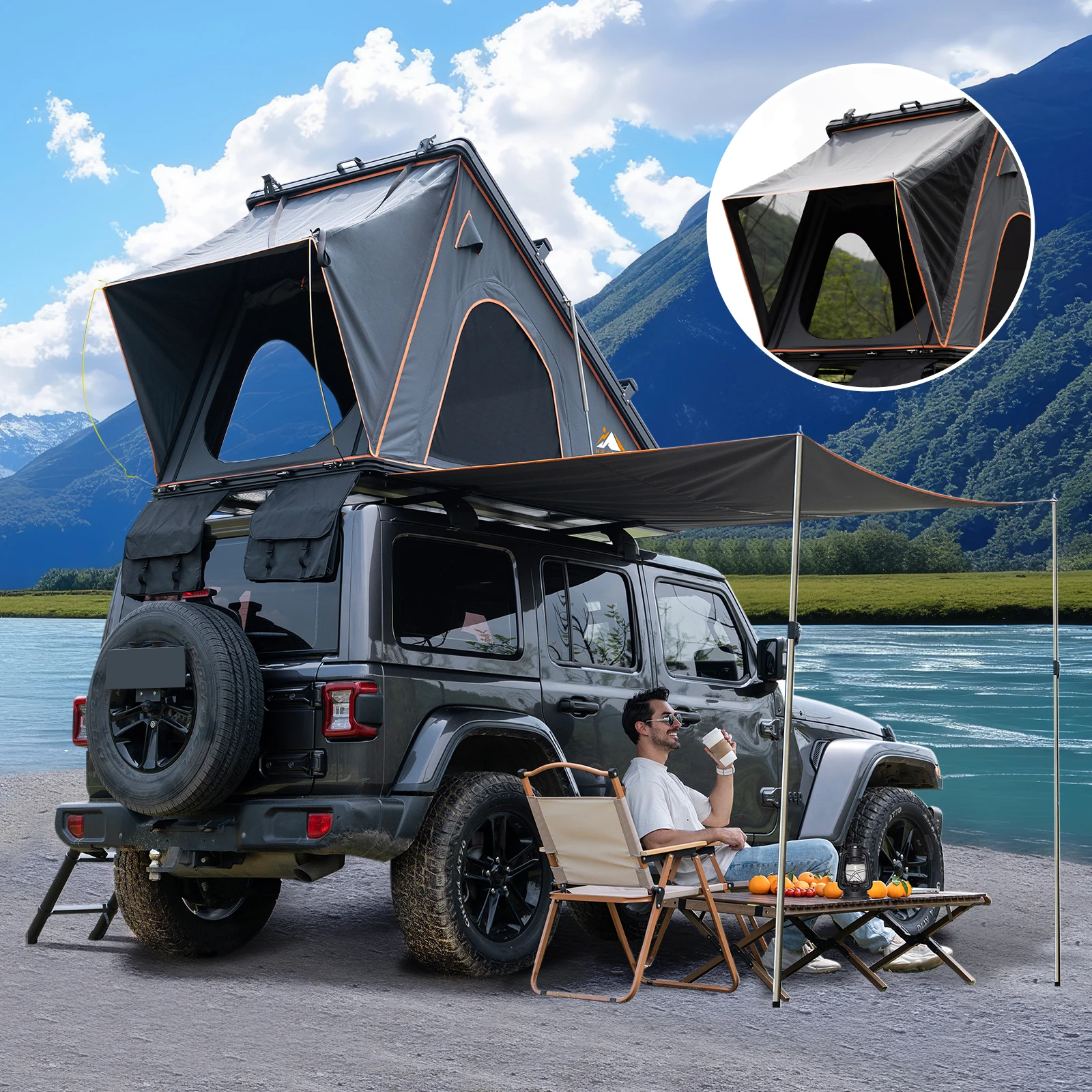 

Explorer Plus Rooftop Tent Hardshell with Side Awning, Air Conditioner Outlet with Bracket & Replaceable Netting Rain Flies