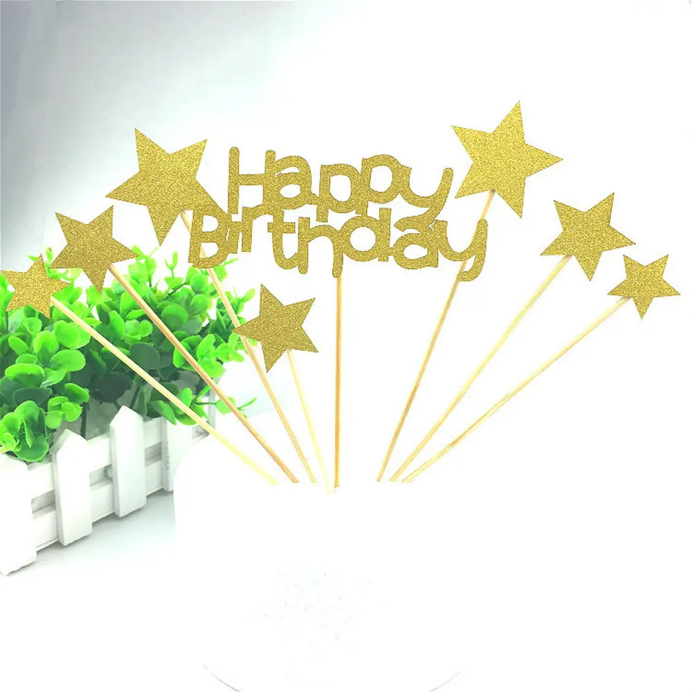 1set Gold Happy Birthday And 7pcs Star Cake Flags Cake Topper For Kids Family Birthday Party Baking Decoration Supplies