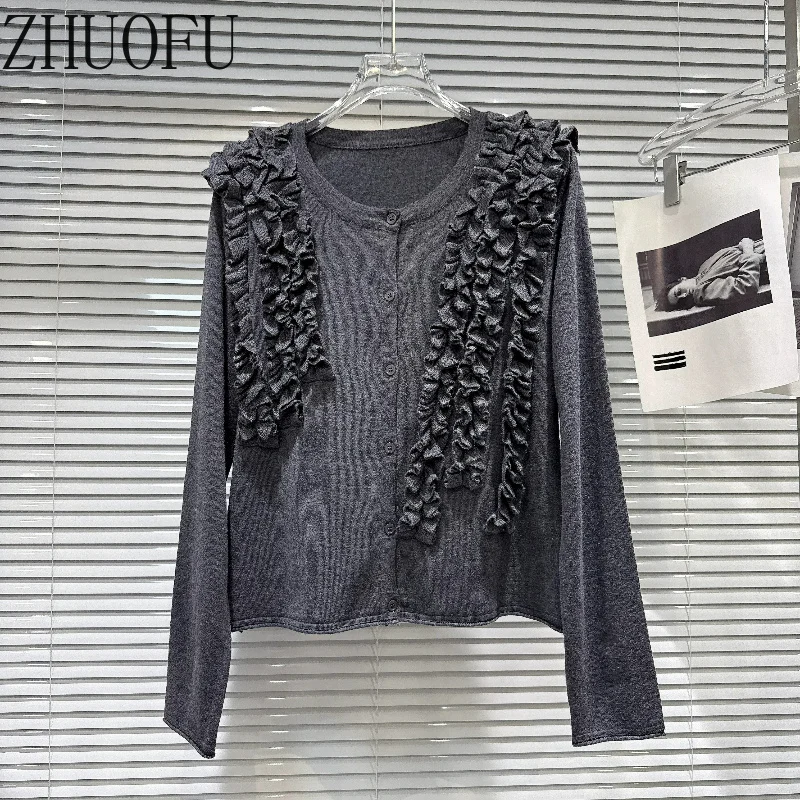 Personalized Fungus Edge Design Women's Long-sleeved Knitted Cardigan 2026 Autumn Gray Sweet Hin Versatile Button Top Ladies