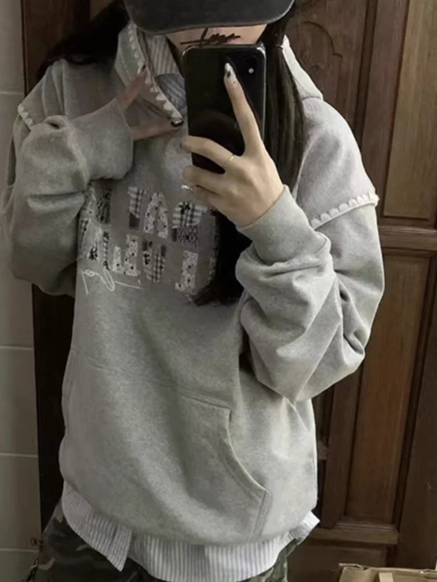 

Retro Grey Letter Print Hoodie Women's Loose Fashionable Design Spring Autumn Top Korean Style Long Sleeve Cotton Polyester