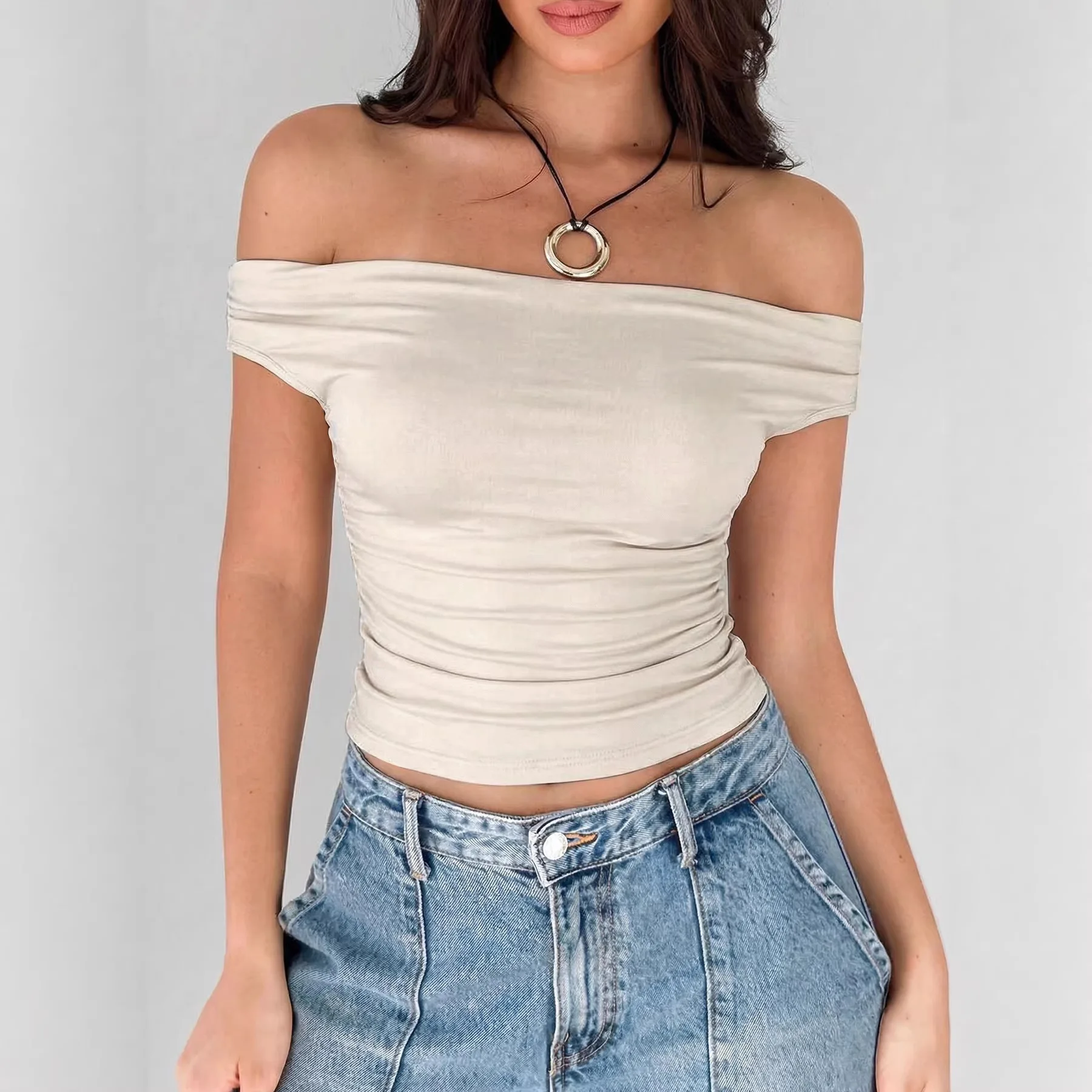 Off Shoulder Ruched Crop Top Designer Tops Women's Summer Clothing Y2K Slim Fit Sleeveless Going Out Party Tops 2026 Fashion