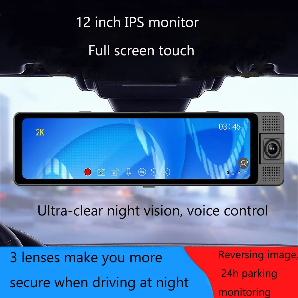 2K Mirror Dash Cam 3 Channels Front and Rear Inside Full HD Touch Screen Car Camera Night Vision G-Sensor APP Control Car DVR