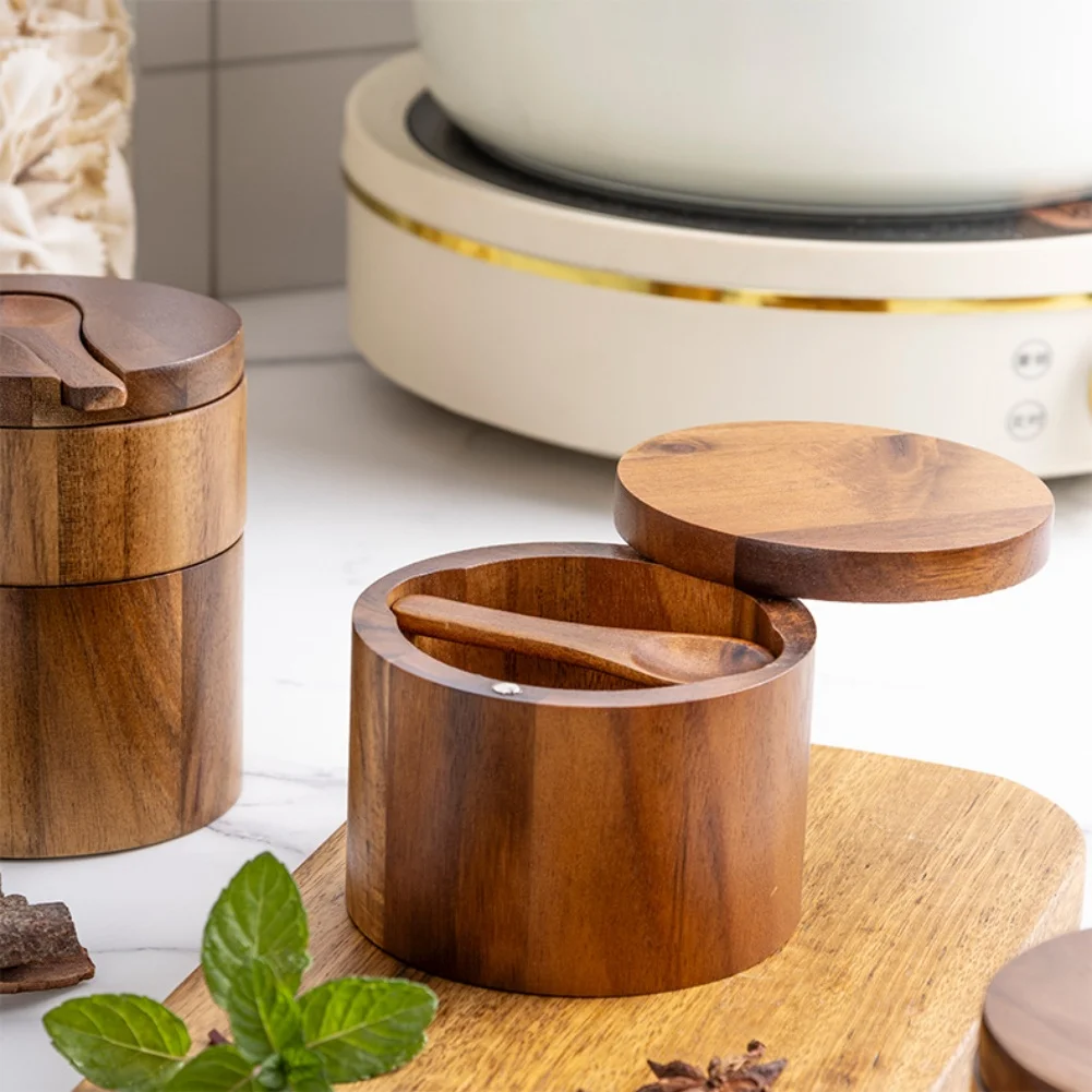 Natural Acacia Wood Spice Jar With Rotating Lid And Spoon Slot, Multi-Compartment Salt Shaker For Kitchen Organization