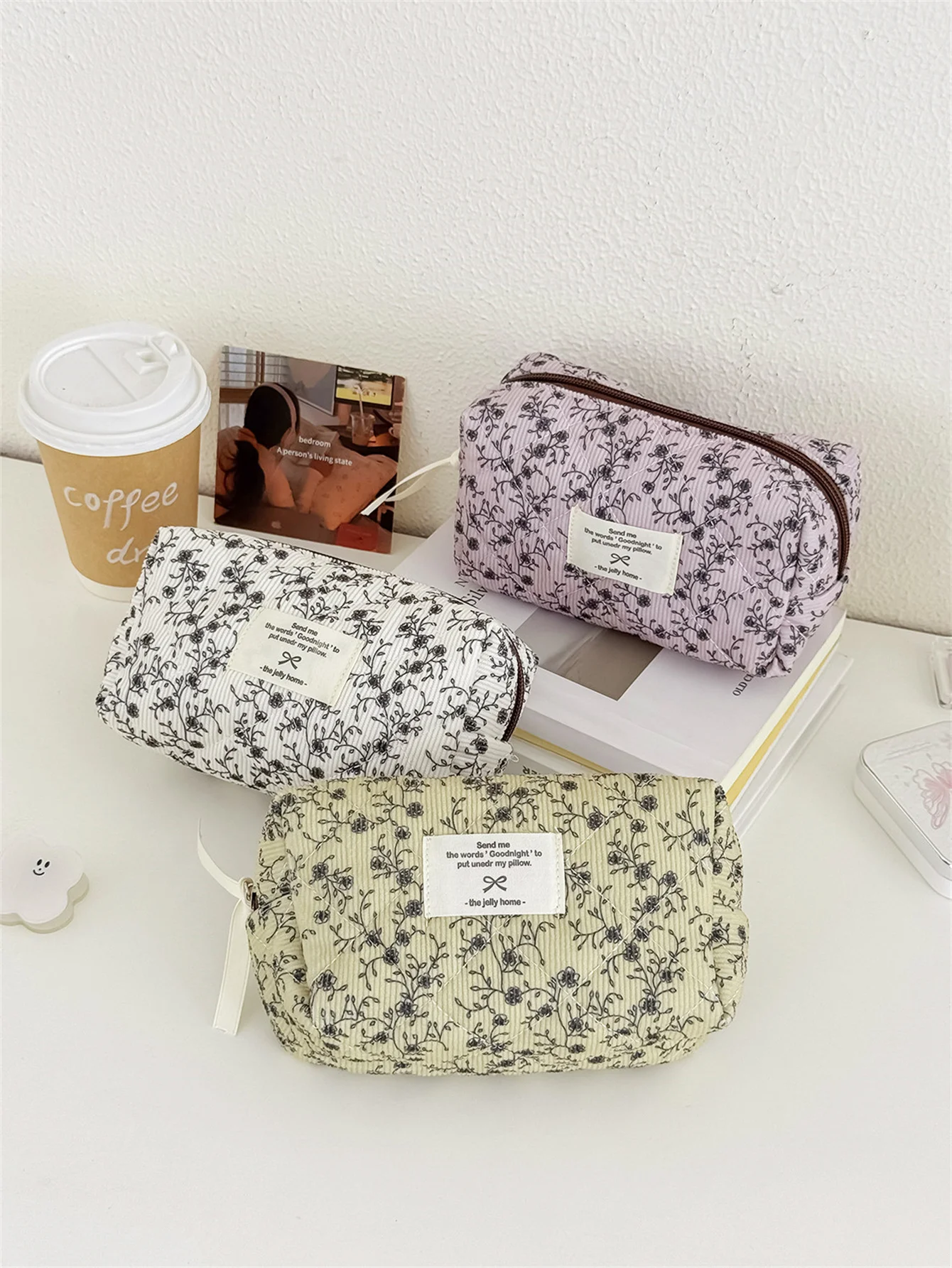 1 pc vintage floals padrão veludo saco de maquiagem viagem pequena caso de maquiagem acessórios menina'suporte de maquiagem saco de escova