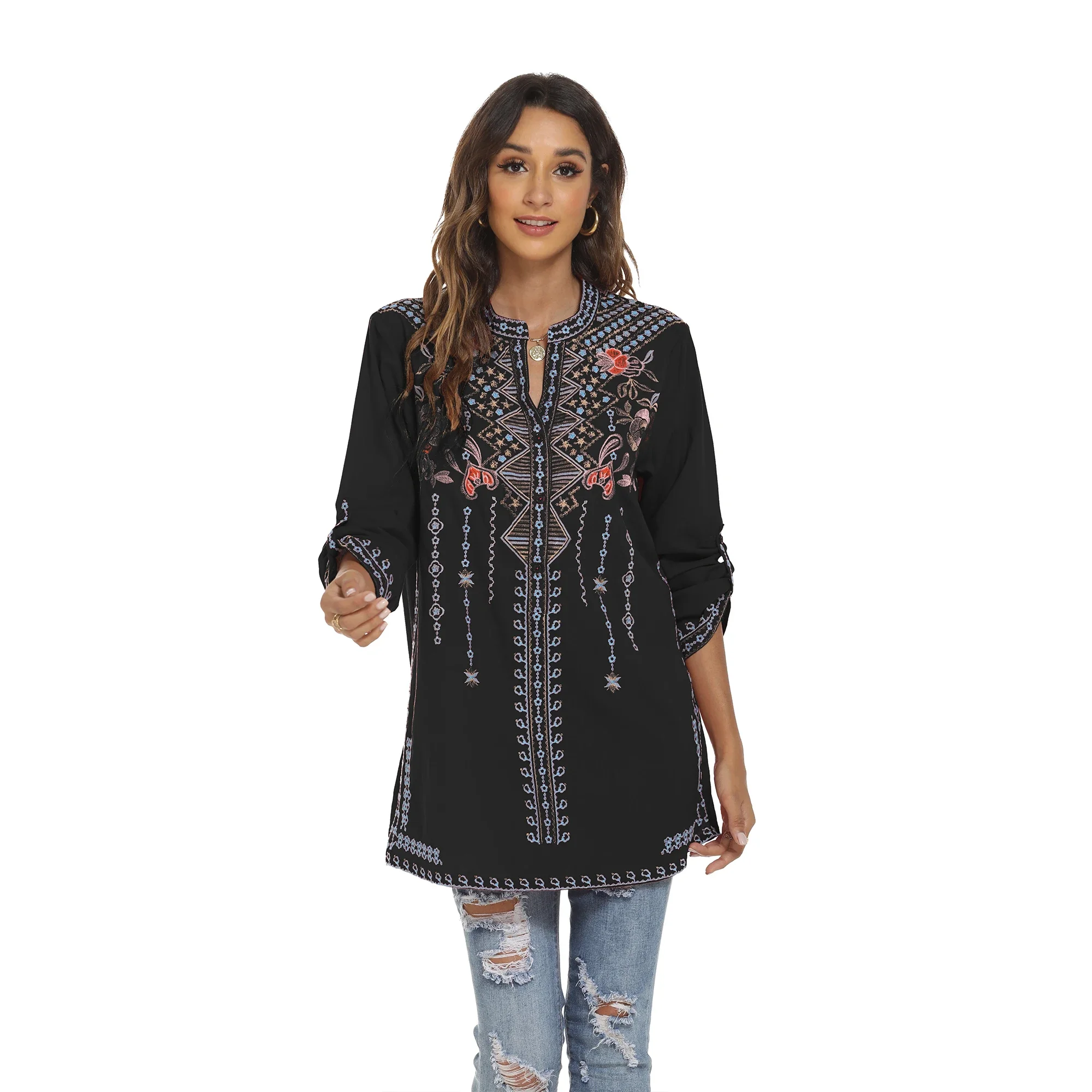 Imagem -04 - Eaeovni Bordado Topos de Manga Longa Feminino Mexicano Boho Camponês Casual Solto Túnicas Outono Blusa Camisas para Mulheres Topos