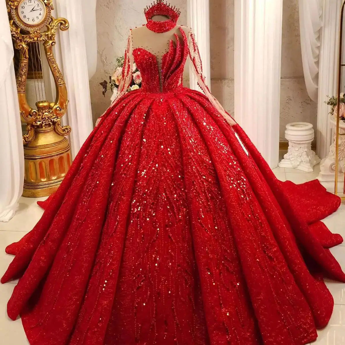 

Illusion Ball Gown Wedding Dresses for Women Tiered High Neck Long Sleeve Bridal Gown Sweep Train Vestido De Noiva Customized