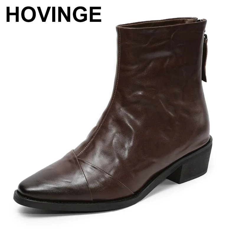 

Boots Women's Top Layer Cowhide mid Heel Faion arp Pointed Toe Thin Boot Hand ab Pattern Autumn Winter