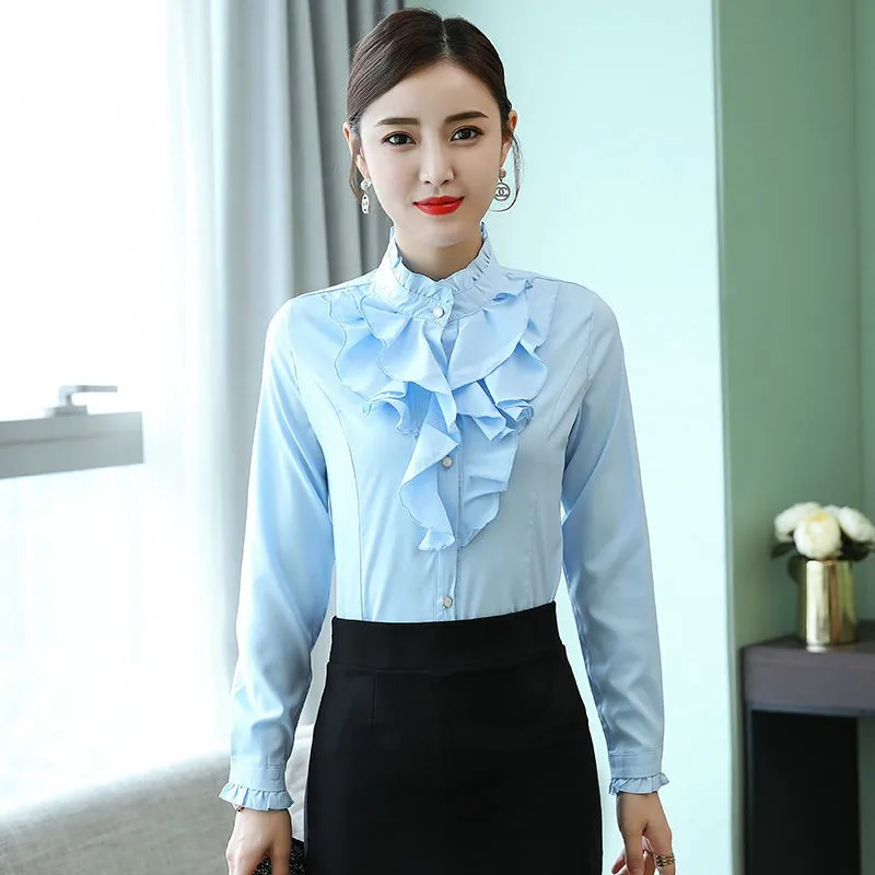 5XL Femininas Ruffle Stand Collar Spring Blouse Shirts Women Tops Flounce Frill Busines Vintage Shirt Women Elegant Camisa Shirt