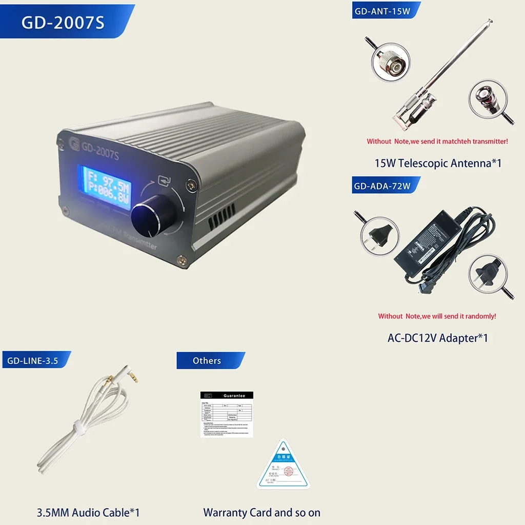 GD-2007S-ALL 7W FM Transmitter Stereo FM Broadcasting Continuous Output Transmitter + Antenna+DC-12V Adapter