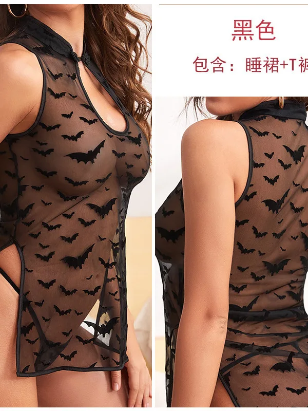 Deep Sexy Translucent V Hollow Out Seductive Women's Cheongsam Large Summer New Dress Forking Graphic Women Trendy Clothes MK74