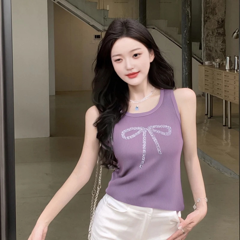 

Summer Korean Bow Rhinestone Round Neck Sleeveless Casual Knitted Vest For Women