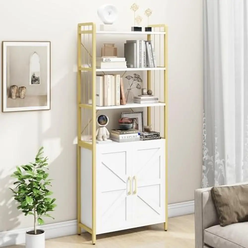 Versatile Storage Bookcase Organizer with Doors Wood Display Cabinet White