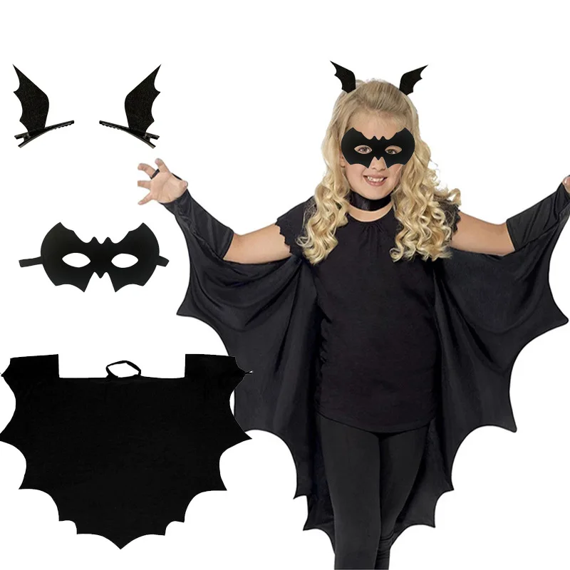 Integrated Bat Wing Cape with Sleeves Black Halloween Costume for Children Adults Themed Party Role Play Wear