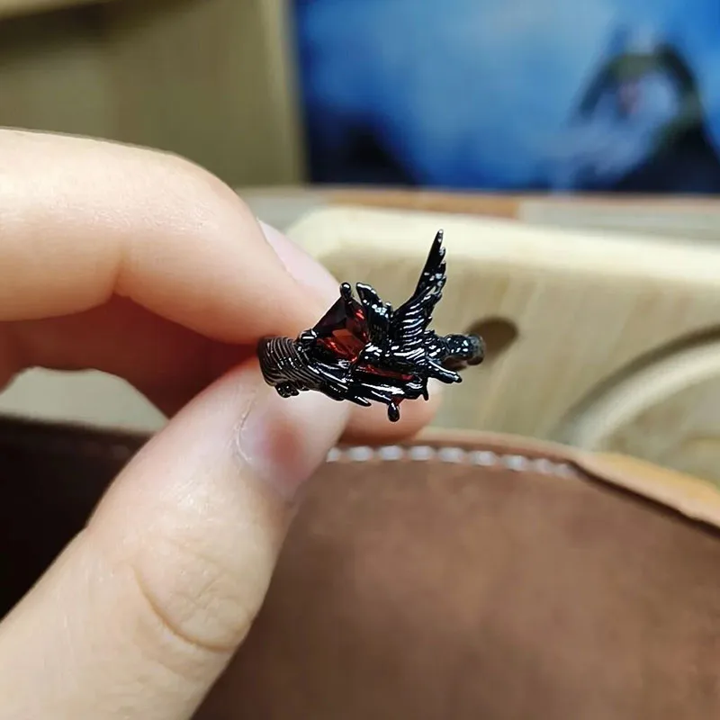 Game Love And Deepspace Sylus Crow Cosplay Ring Unisex Alloy Adjustable Opening Red Gem Rings Punk Jewelry Accessories Prop