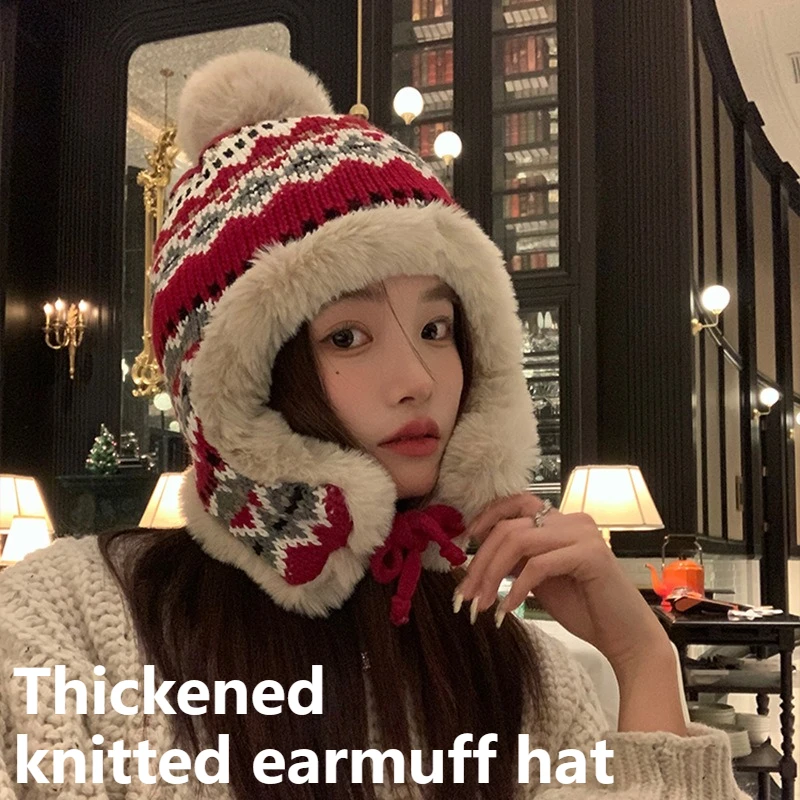 Modische, verdickte, winddichte und warme Wintermütze für Damen, bequeme und weiche Plüschmütze zum Radfahren, gestrickter Ohrenschützer