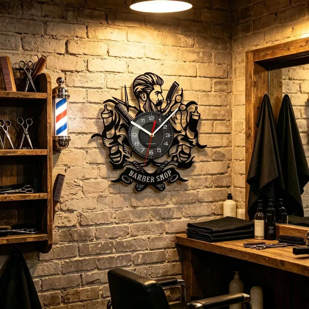 Barber Vinyl Record Wall Clock Silent Hollow Laser Cut Decor Gift for Barbershop Salon Hairstylist Vintage Wall Art Ornament