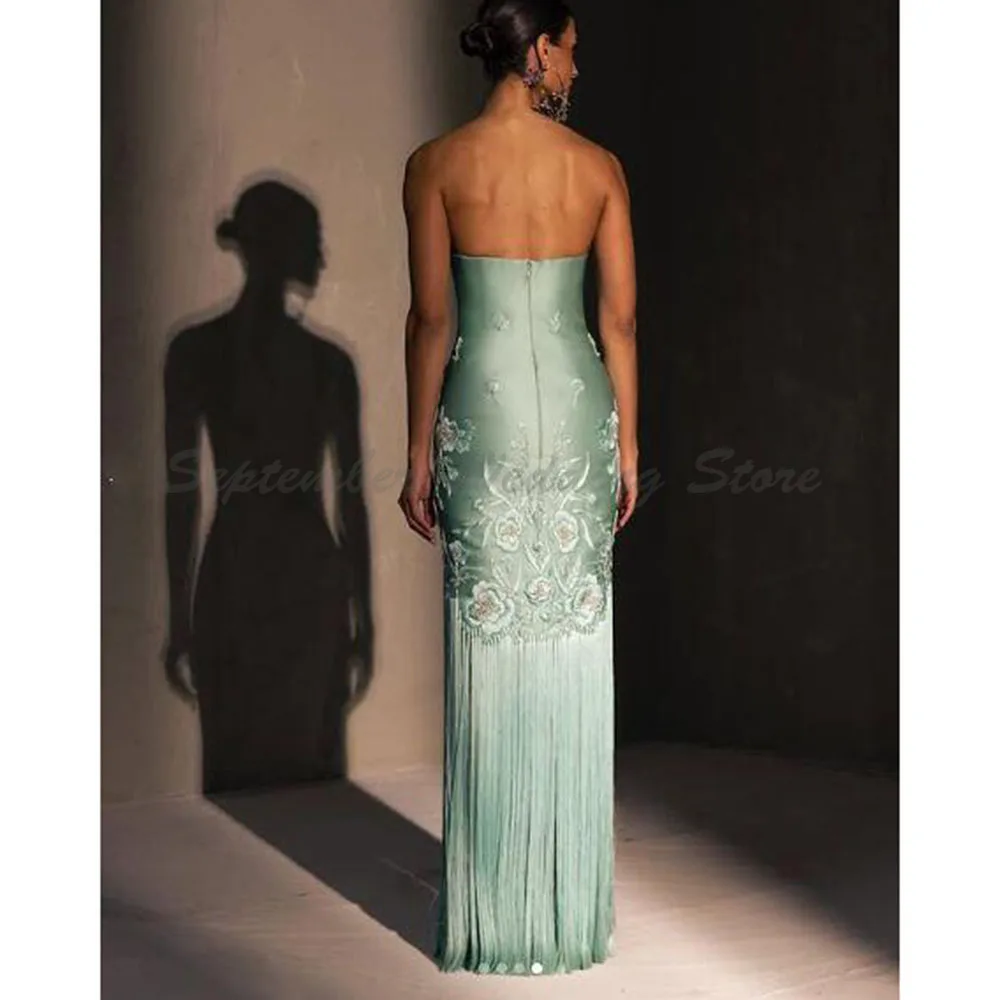 Groene satijnen strapless avondjurken Mouwloze bloem Alliques Hoge kwaliteit vloerlengte rugloze kralen banket vrouwelijke jurk