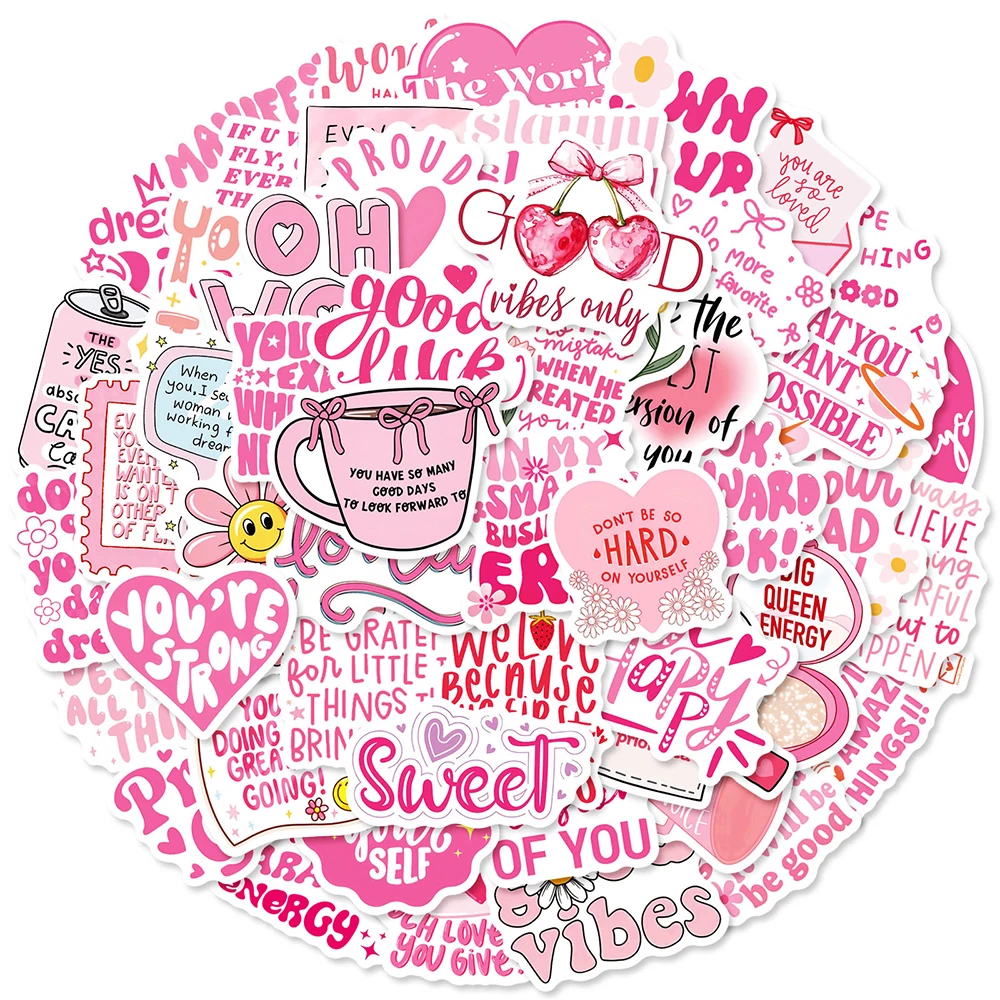 

10/30/50pcs Pink Inspirational Phrase Graffiti Stickers Cute Cartoon Sticker Decoration Scrapbook Suitcase Phone Creative Decals