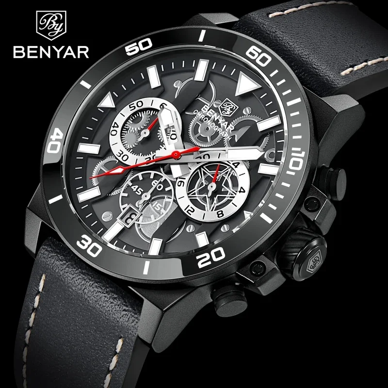 2026 New BENYAR Men's Quartz Watch Sapphire Chronograph Waterproof Clock Leather Simple Relogio Masculino Watches BY5197