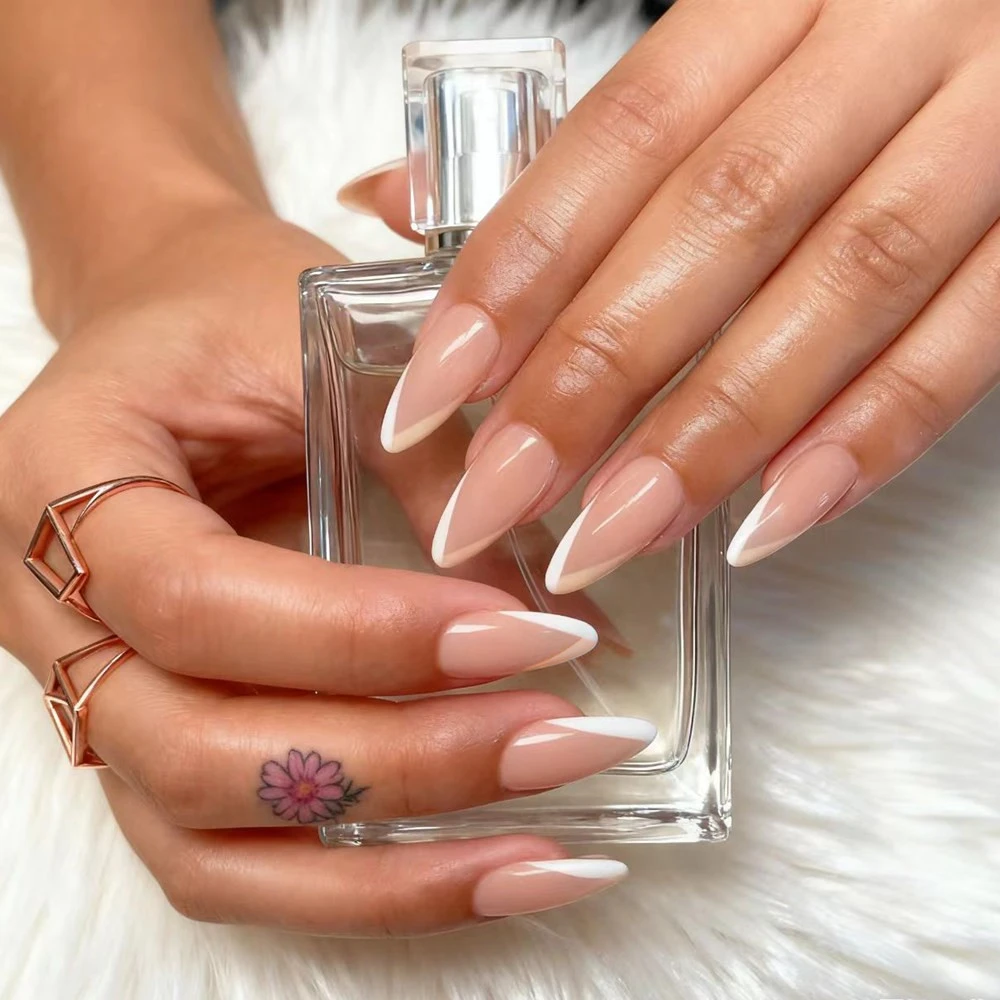 

Natural Stiletto Acrylic Fake Nail With Glue French False Nails Press Ons Natural DIY Finger Tips For Woman Manicure Accessories