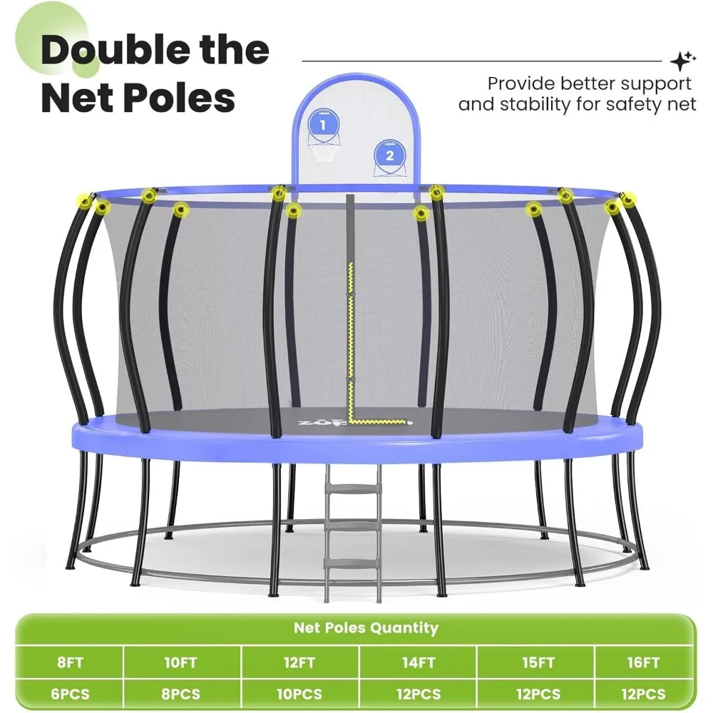 Trampolino a doppia cornice con pali curvi dal design senza spazioTrampolini per bambini con rete di recinzione per esterni