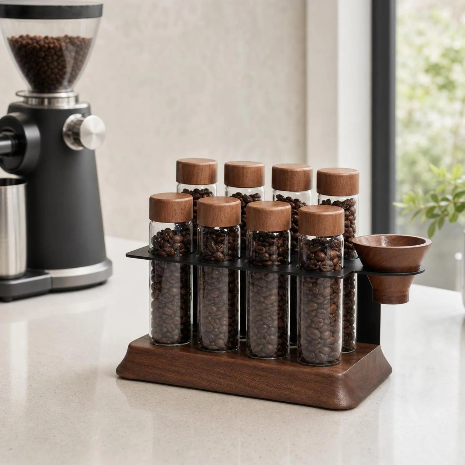 Coffee Bean Storage Rack Wooden Coffee Cellar Rack with Glass Tubes Display Stand with Funnel Freshness Organizer Decorative