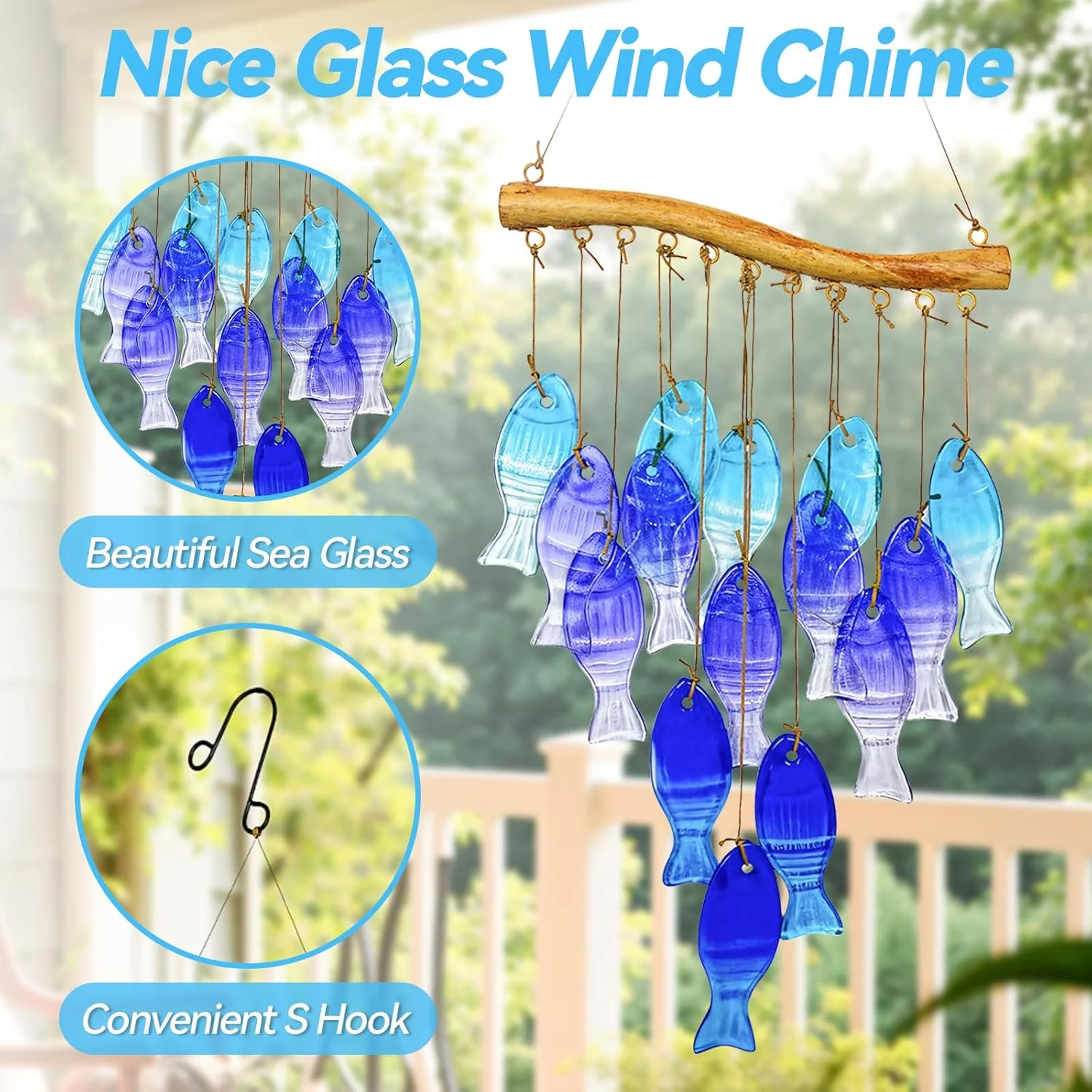 Blue Glass Wind Chimes Fish Shape Glass Bell Hanging Suncatcher Home Decoration Birthday Gift Wind Chimes for Wedding Souvenir