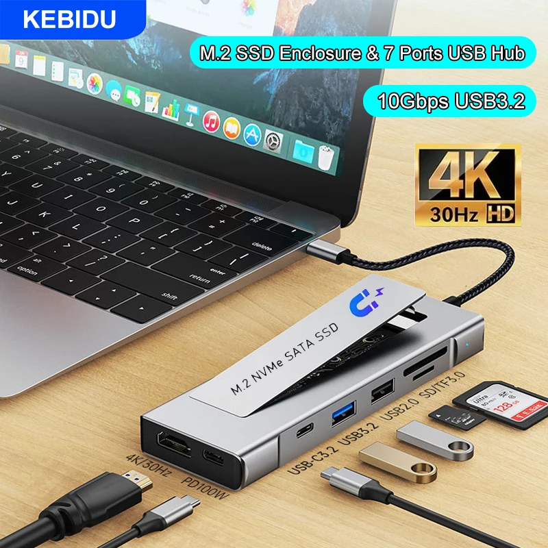 

8-in-1 USB Hub M.2 NVMe SATA SSD Enclosure Storage USB3.2 Type-c to HDMI-Compatible Laptop Dock Station USB Adapter For Macbook