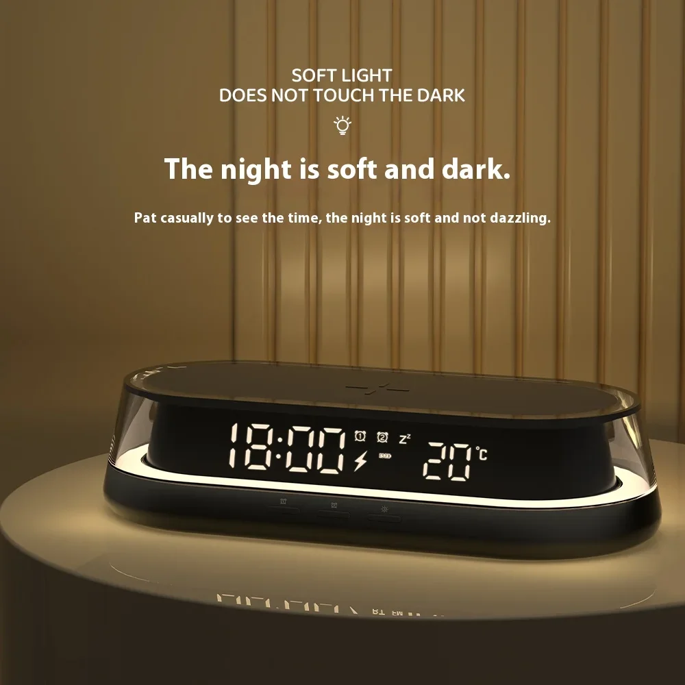 15W Wireless Charging Mobile Phone Holder Digital Clock Display Symphony Lights with Adjustable Brightness Bedroom Night Light