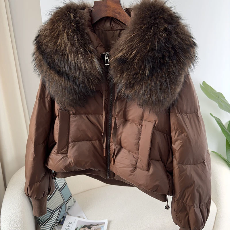 2023 New Thick Warm Duck Down Coat Natural Real Big Raccoon Fur Collar Winter Jacket Women Loose Outerwear Streetwear Luxury