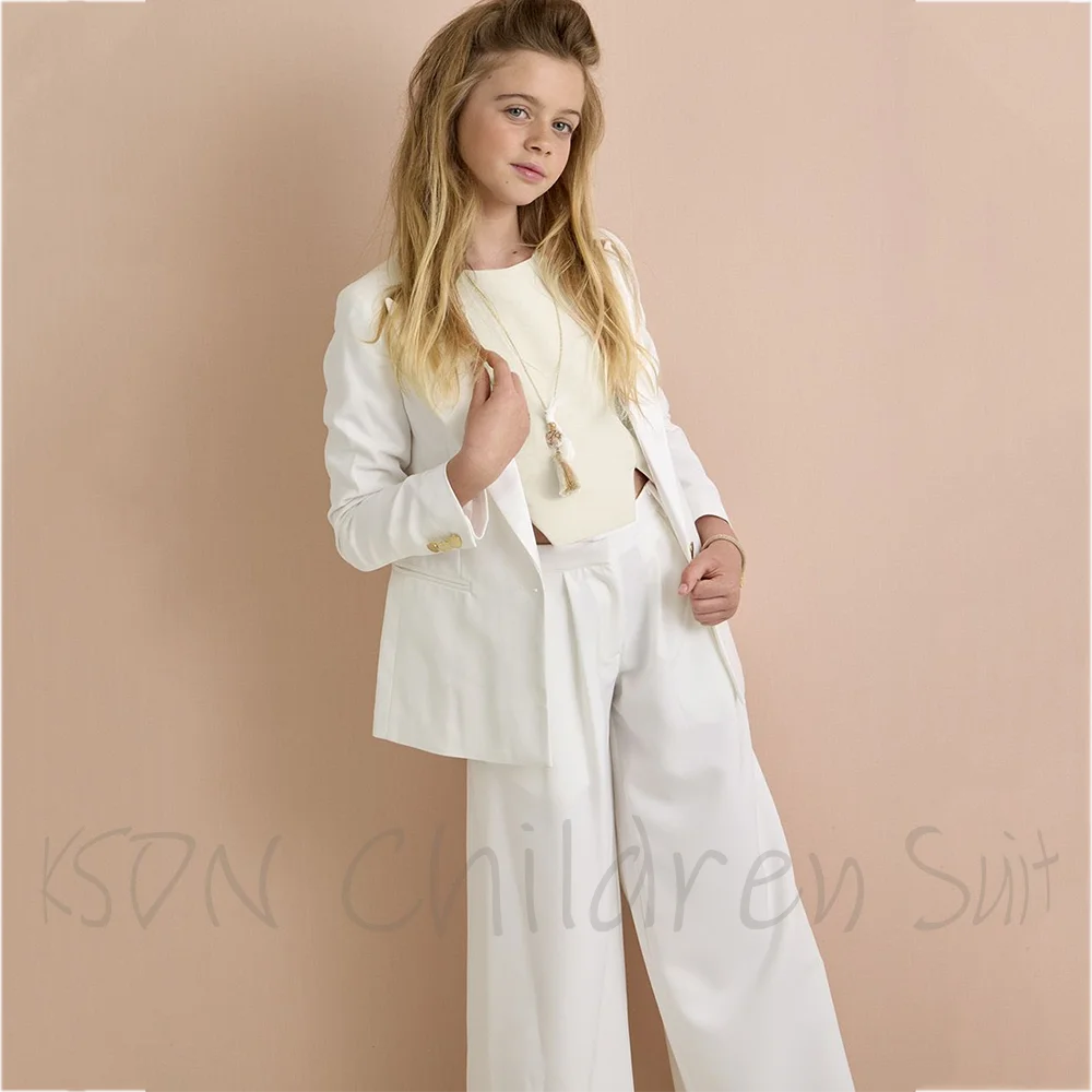 

White Girls Suit Children CLothing 2 Pieces Fashion Peak Lapel Single Breasted Casual Classic Customized Girl Jacket Pants
