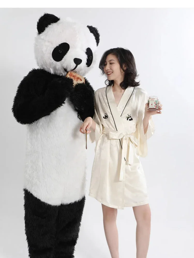 100% Mulberry Silk Robes for Women Cute Panda Print Silk Jacquard Bathrobe Sleepwear Bridal Robe Satin Japanese Kimono Nightgown