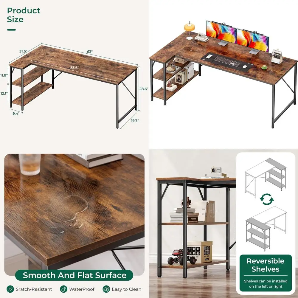 

Стол L-образной формы 63, с двусторонними полками для домашнего офиса, игр, учебы, коричневого металлического каркаса в деревенском стиле