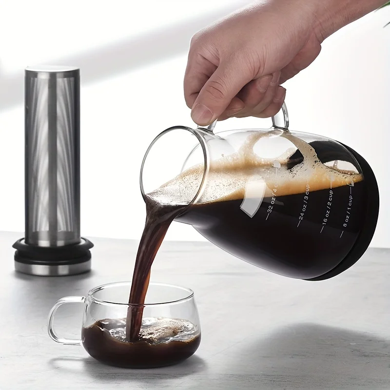 24oz Classic Glass Cold Brew Coffee Pitcher, Manual Pour-over Iced Coffee Maker, No-Electricity Glass Jug for Juice and Tea